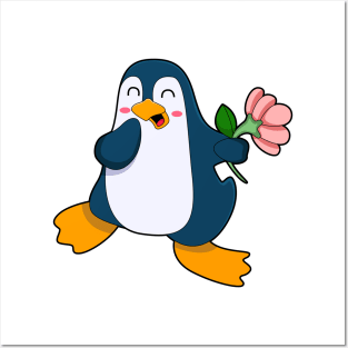 Penguin with rosa Flower Posters and Art